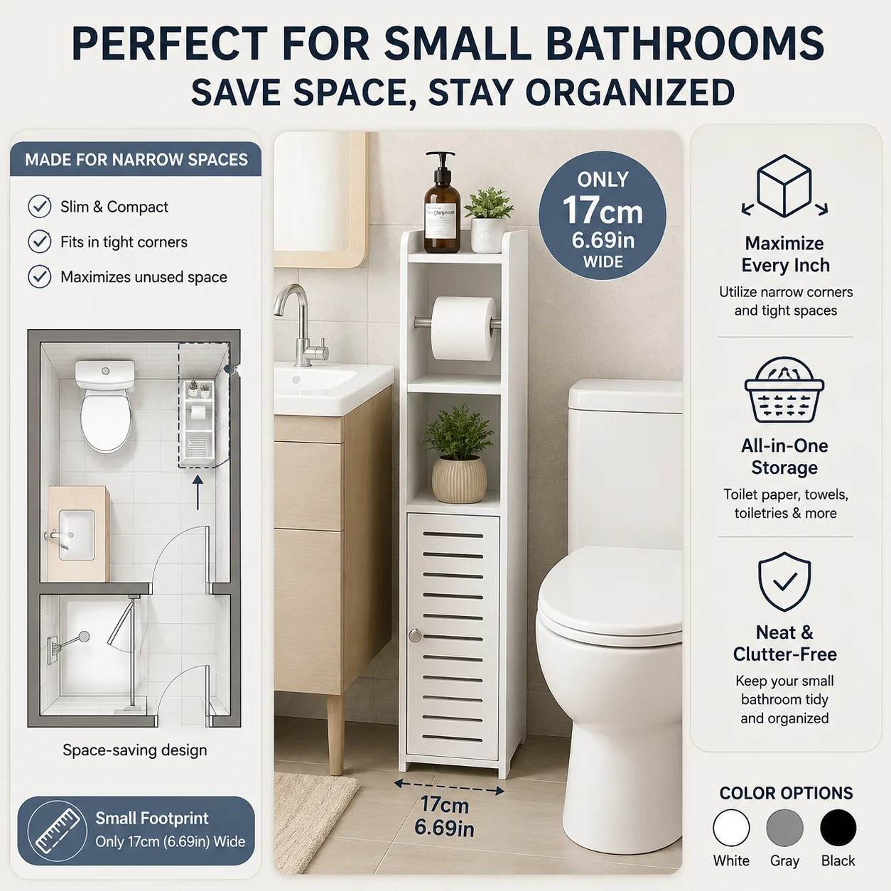 Slim Bathroom Storage Cabinet with Toilet Paper Holder - Image 7