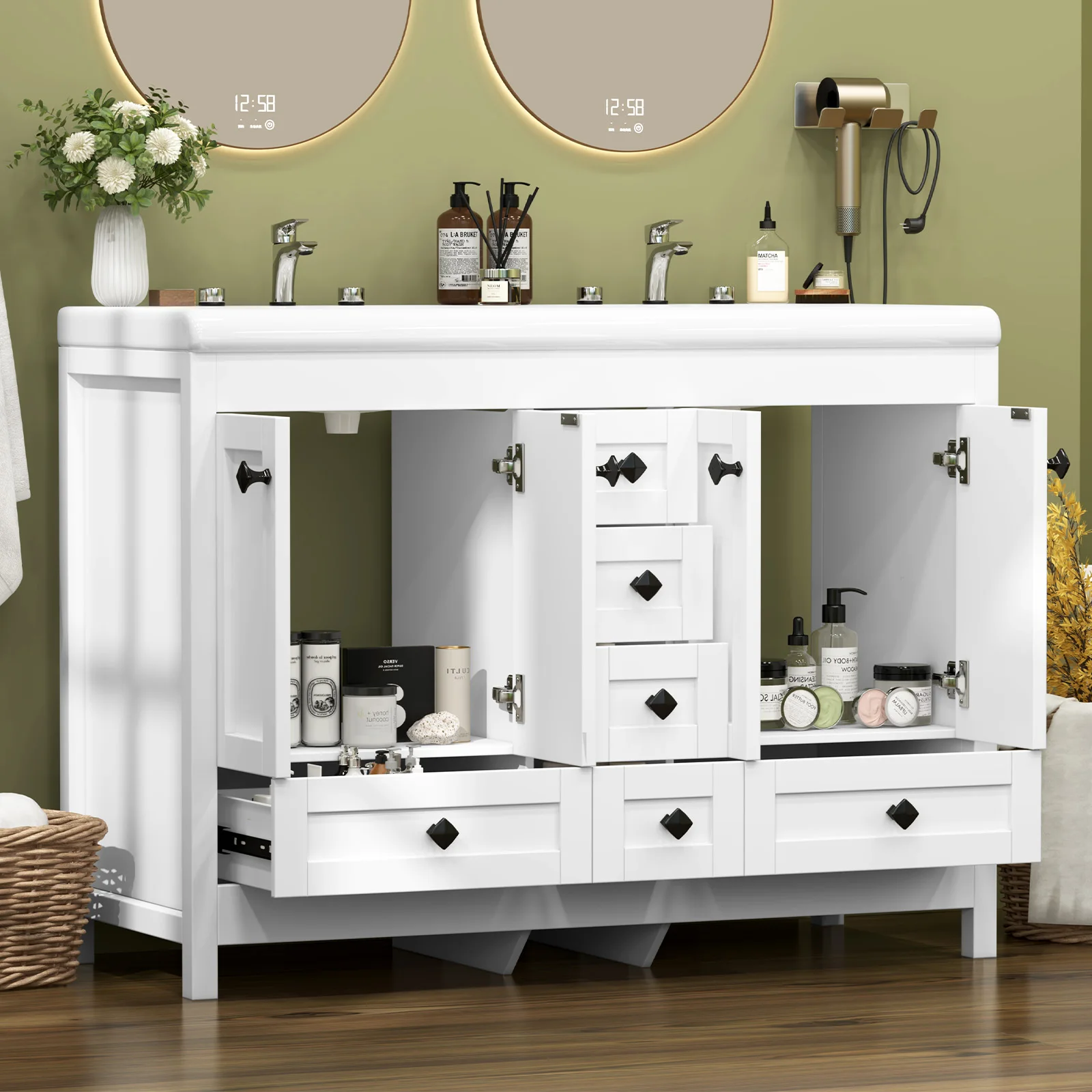 47.3 Inch White Bathroom Vanity Double Ceramic Sink Freestanding Cabinet with Sink Combo - Image 8