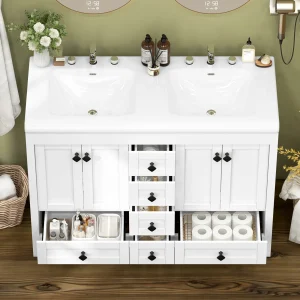 47.3 Inch White Bathroom Vanity Double Ceramic Sink Freestanding Cabinet with Sink Combo - Thumbnail Image 4