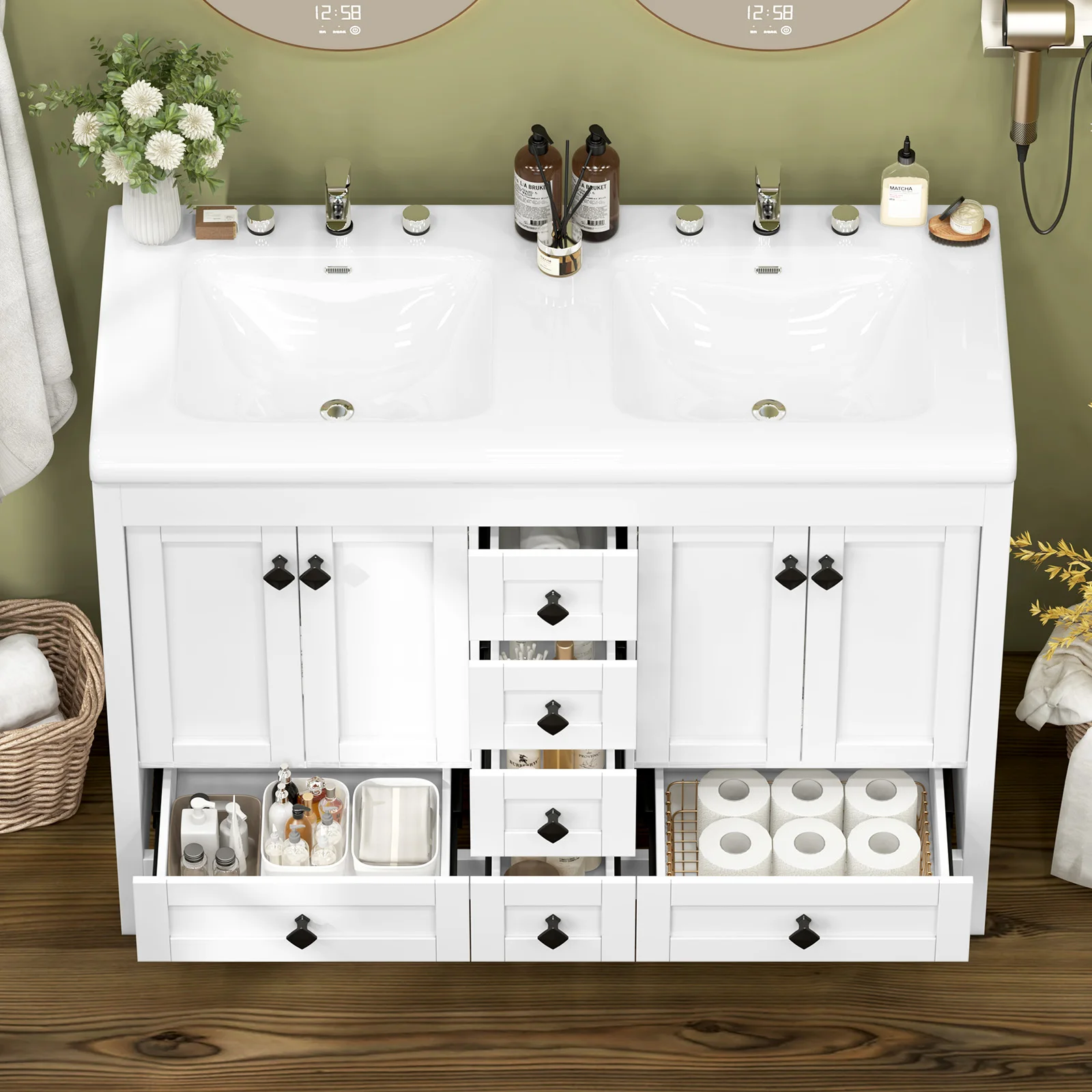 47.3 Inch White Bathroom Vanity Double Ceramic Sink Freestanding Cabinet with Sink Combo - Image 4