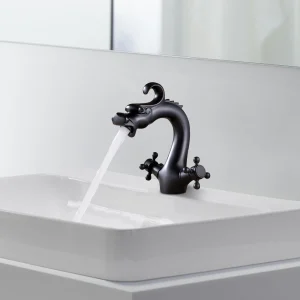 Retro Dragon-Shaped Brass Bathroom Faucet, 2-Handle Cross Hot Cold Water Mixer Tap - Thumbnail Image 3