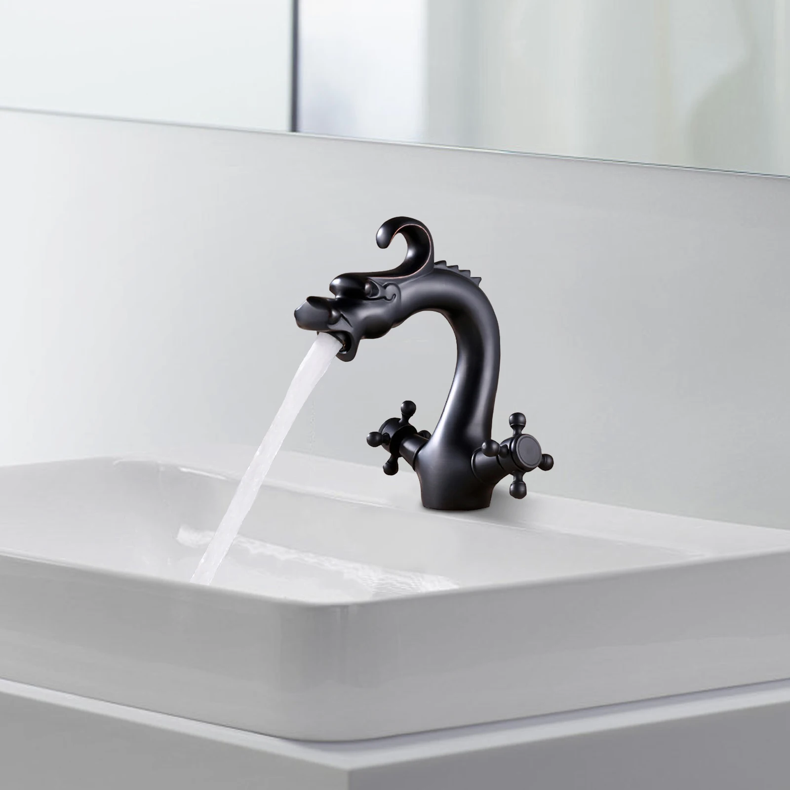 Retro Dragon-Shaped Brass Bathroom Faucet, 2-Handle Cross Hot Cold Water Mixer Tap - Image 3