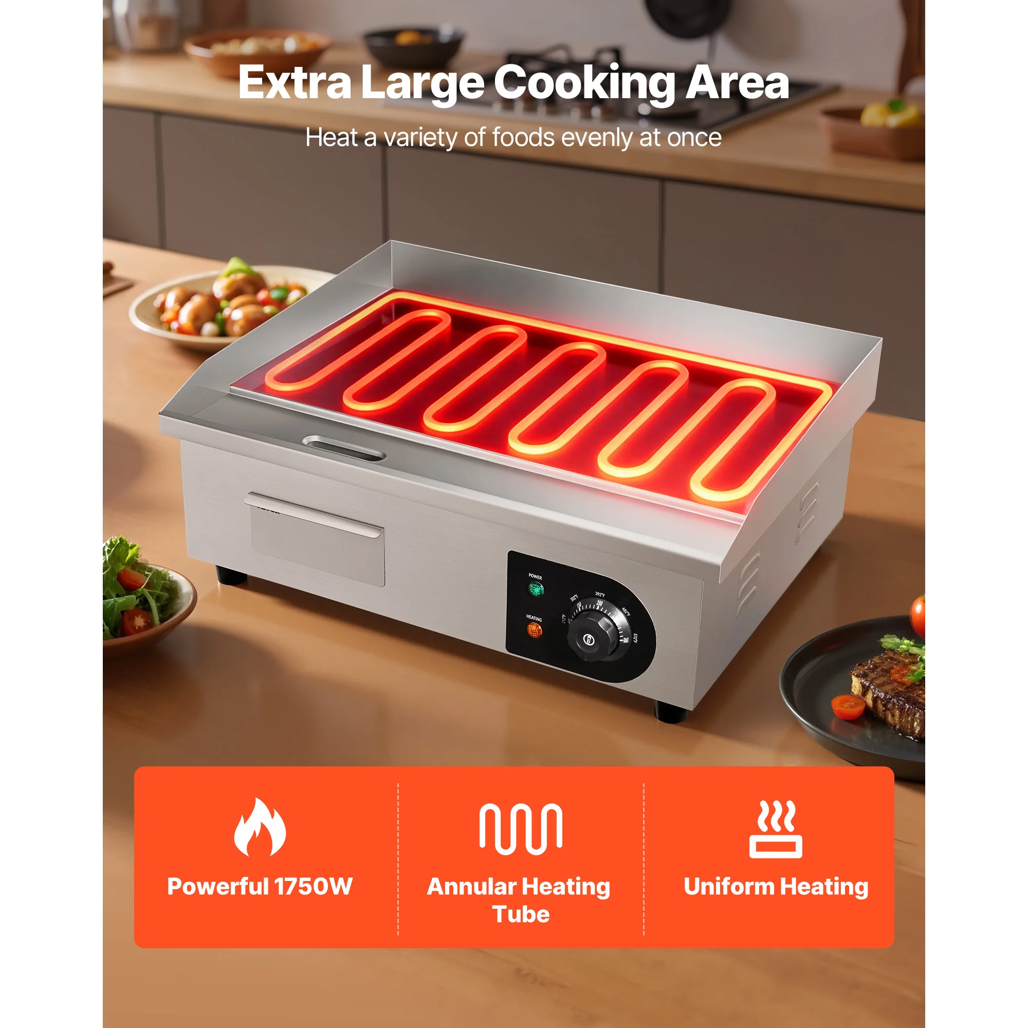 SucceBuy Commercial Electric Griddle 122-570°F Adjustable Temp Control Stainless Steel Countertop - Image 3