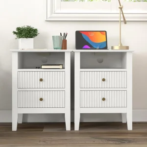 Fluted Nightstand Set of 2 with Charging Station, White End Table - Thumbnail Image 4