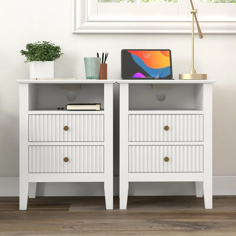Fluted Nightstand Set of 2 with Charging Station, White End Table - Image 4