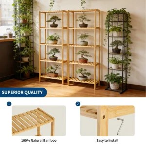 5-Tier Wide Bamboo Shelf Narrow Bathroom Shelf with Slatted Shelves Natural Wood - Thumbnail Image 3