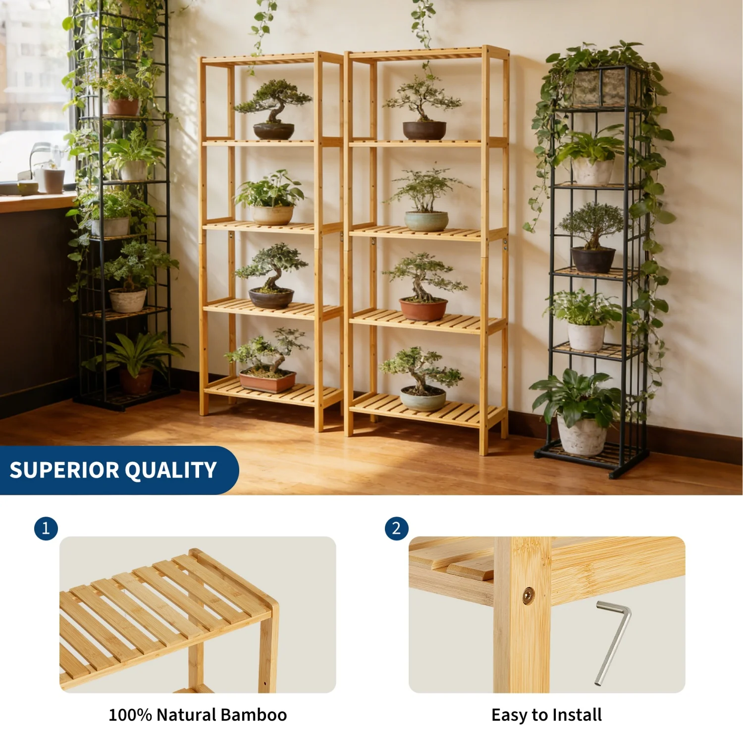 5-Tier Wide Bamboo Shelf Narrow Bathroom Shelf with Slatted Shelves Natural Wood - Image 3