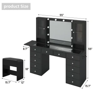 Glam Style Vanity Table Set, LED Lighted Makeup Mirror with 3 Dimmable Brightness - Thumbnail Image 8