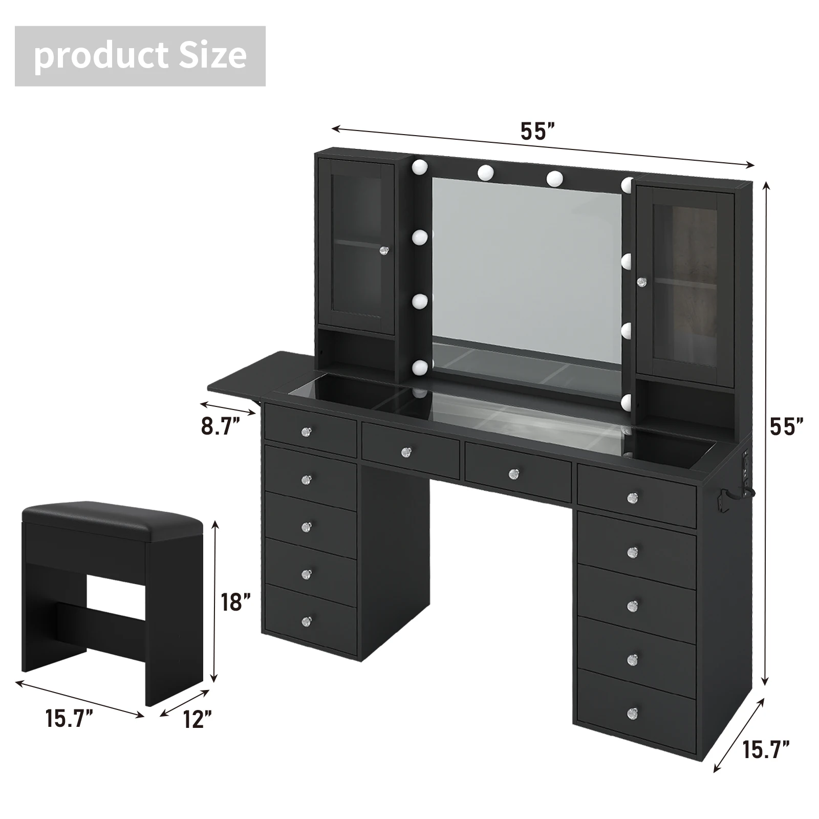 Glam Style Vanity Table Set, LED Lighted Makeup Mirror with 3 Dimmable Brightness - Image 8