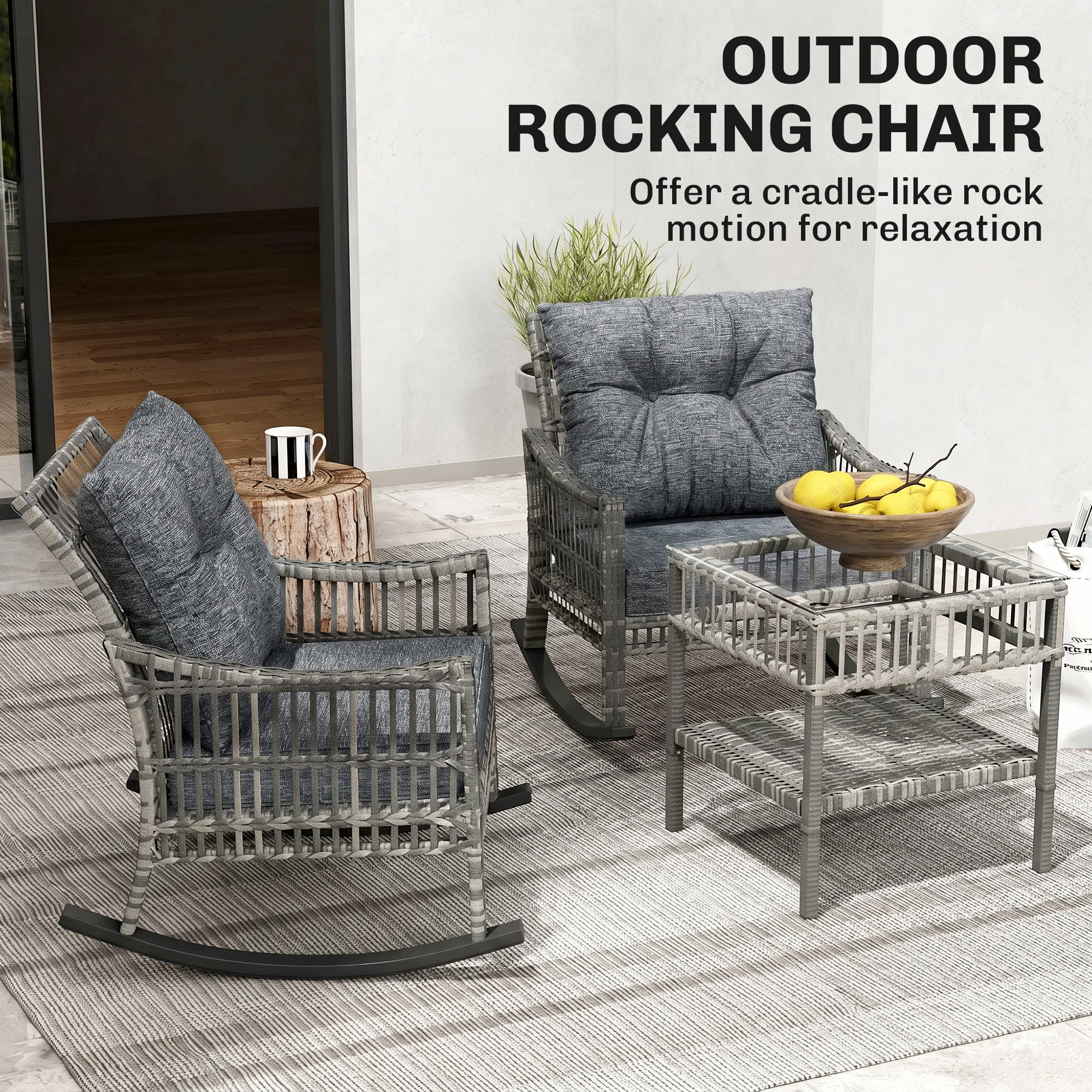 3 Pieces Pe Rattan Rocking Chair Set for Outdoor, Grey - Image 4