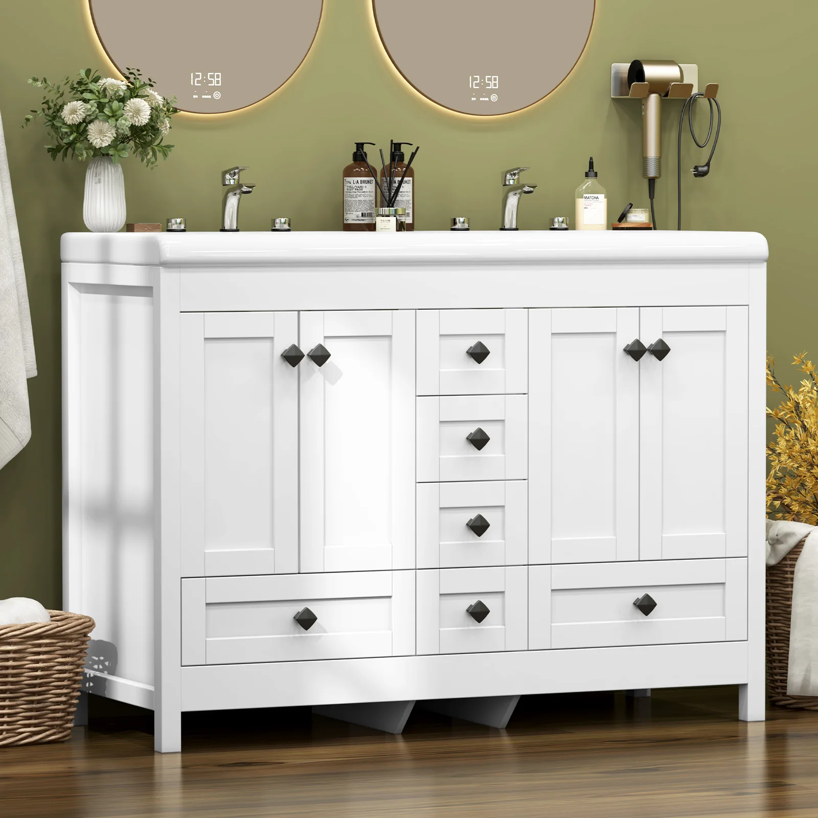 47.3 Inch White Bathroom Vanity Double Ceramic Sink Freestanding Cabinet with Sink Combo - Image 1