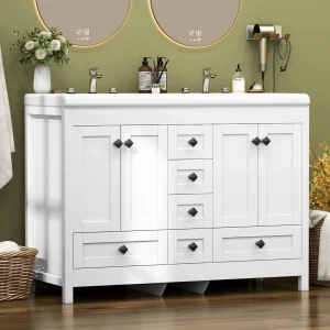 47.3 Inch White Bathroom Vanity Double Ceramic Sink Freestanding Cabinet with Sink Combo