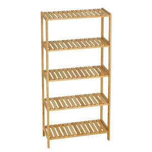 5-Tier Wide Bamboo Shelf Narrow Bathroom Shelf with Slatted Shelves Natural Wood - Thumbnail Image 8
