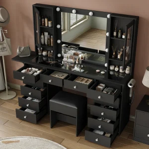 Glam Style Vanity Table Set, LED Lighted Makeup Mirror with 3 Dimmable Brightness