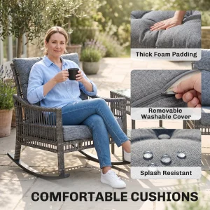 3 Pieces Pe Rattan Rocking Chair Set for Outdoor, Grey - Thumbnail Image 6