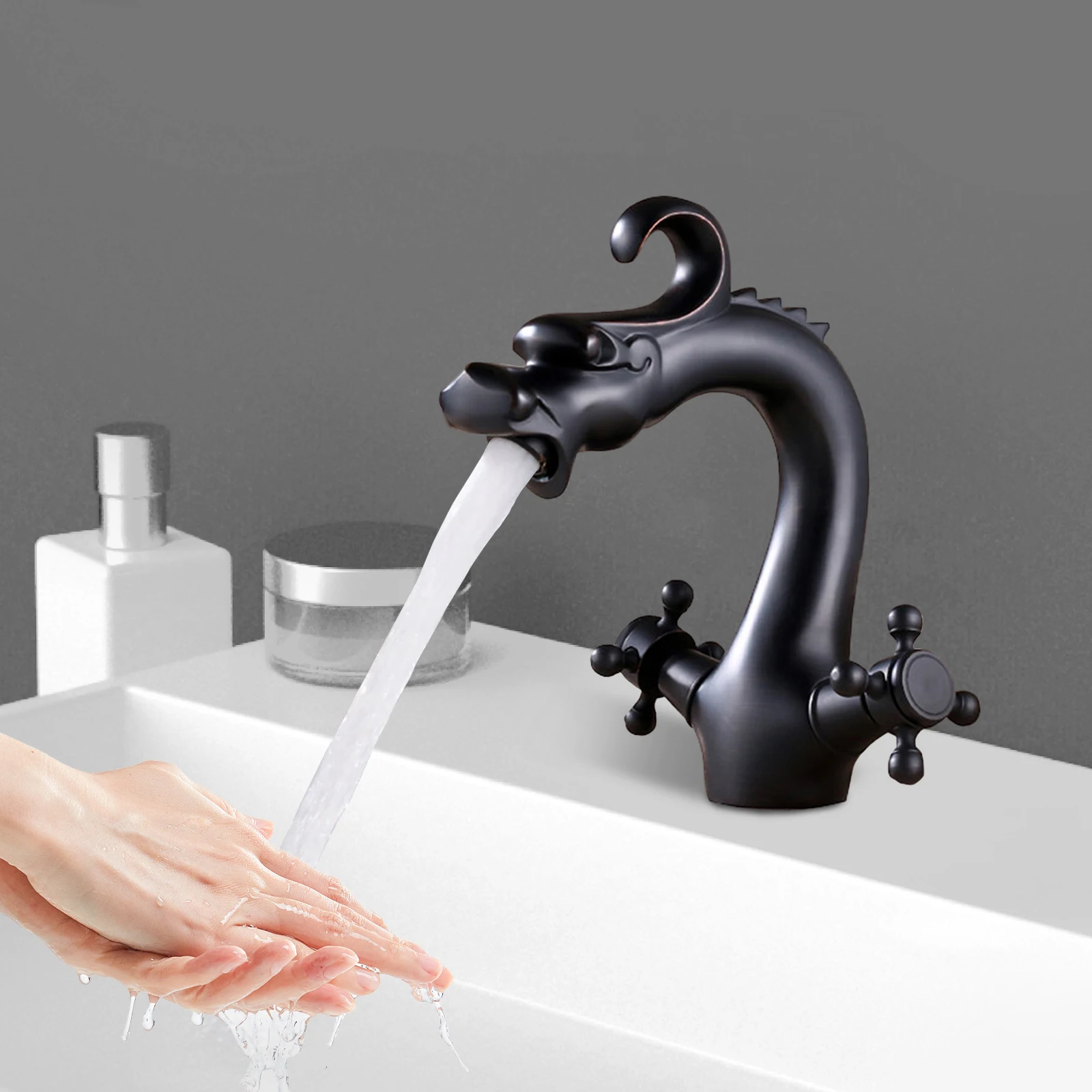 Retro Dragon-Shaped Brass Bathroom Faucet, 2-Handle Cross Hot Cold Water Mixer Tap - Image 4