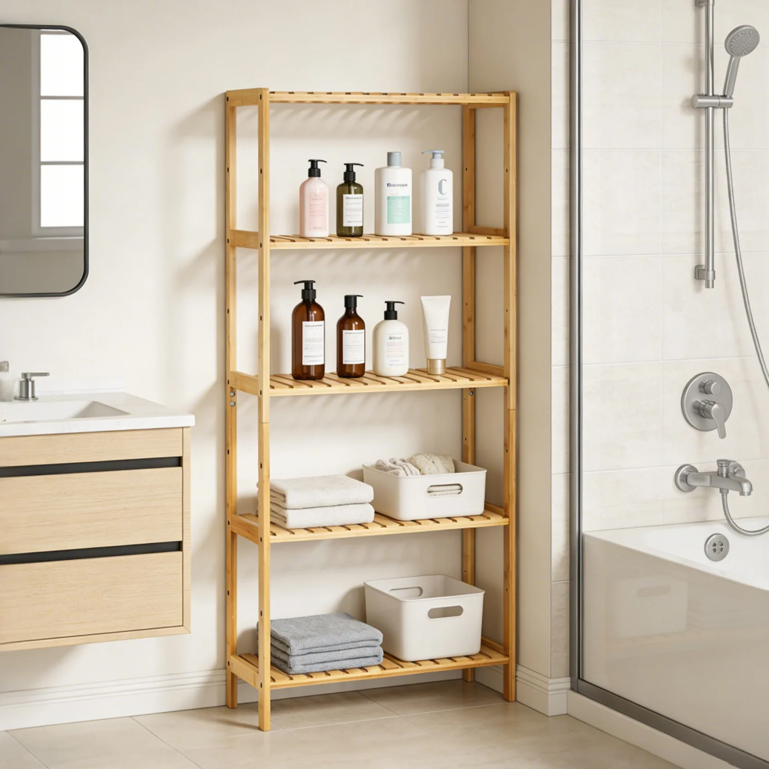 5-Tier Wide Bamboo Shelf Narrow Bathroom Shelf with Slatted Shelves Natural Wood - Image 1